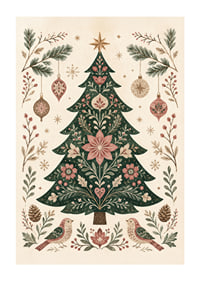 Un árbol de Navidad ornamentado con flores, pájaros y adornos en suaves tonos nórdicos.-1