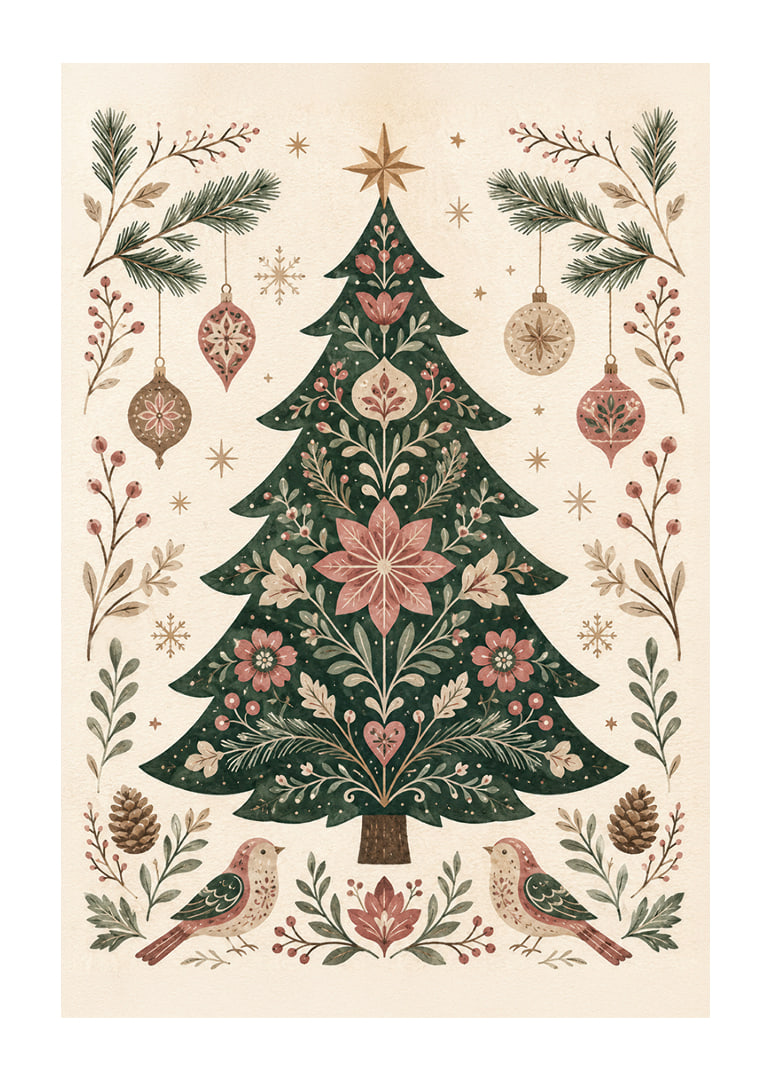 Un árbol de Navidad ornamentado con flores, pájaros y adornos en suaves tonos nórdicos.-12