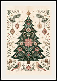 Un árbol de Navidad ornamentado con flores, pájaros y adornos en suaves tonos nórdicos.-2