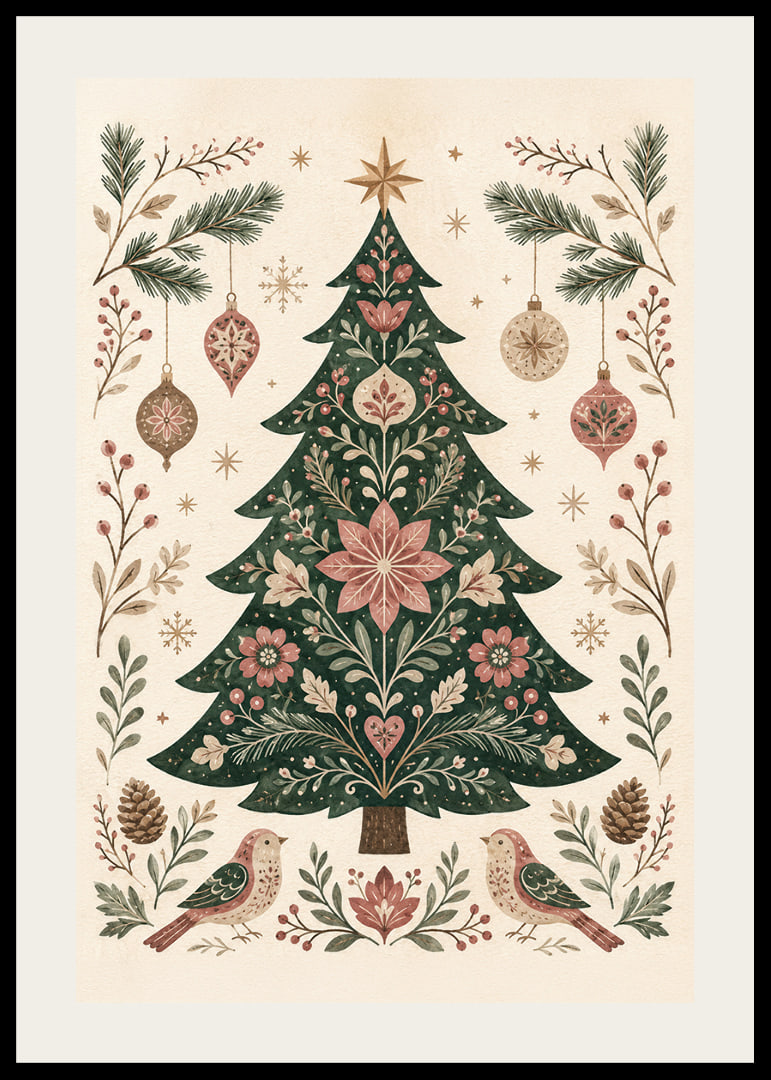 Un árbol de Navidad ornamentado con flores, pájaros y adornos en suaves tonos nórdicos.-12