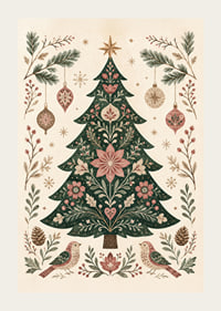 Un árbol de Navidad ornamentado con flores, pájaros y adornos en suaves tonos nórdicos.-3