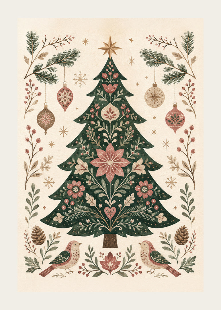 Un árbol de Navidad ornamentado con flores, pájaros y adornos en suaves tonos nórdicos.-12