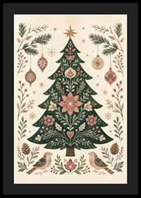 Un árbol de Navidad ornamentado con flores, pájaros y adornos en suaves tonos nórdicos.-4