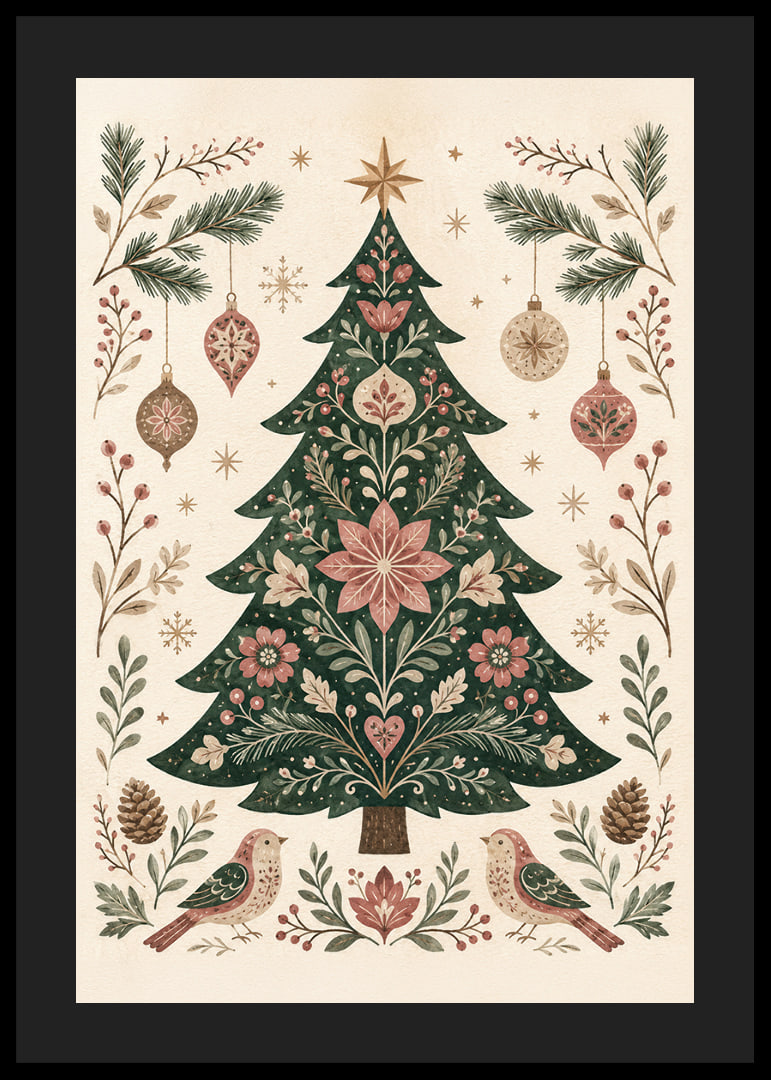 Un árbol de Navidad ornamentado con flores, pájaros y adornos en suaves tonos nórdicos.-12