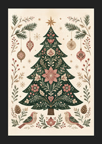 Un árbol de Navidad ornamentado con flores, pájaros y adornos en suaves tonos nórdicos.-5