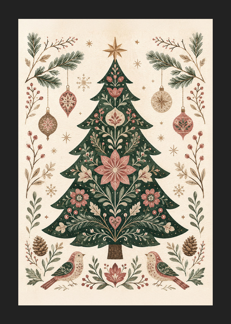 Un árbol de Navidad ornamentado con flores, pájaros y adornos en suaves tonos nórdicos.-12
