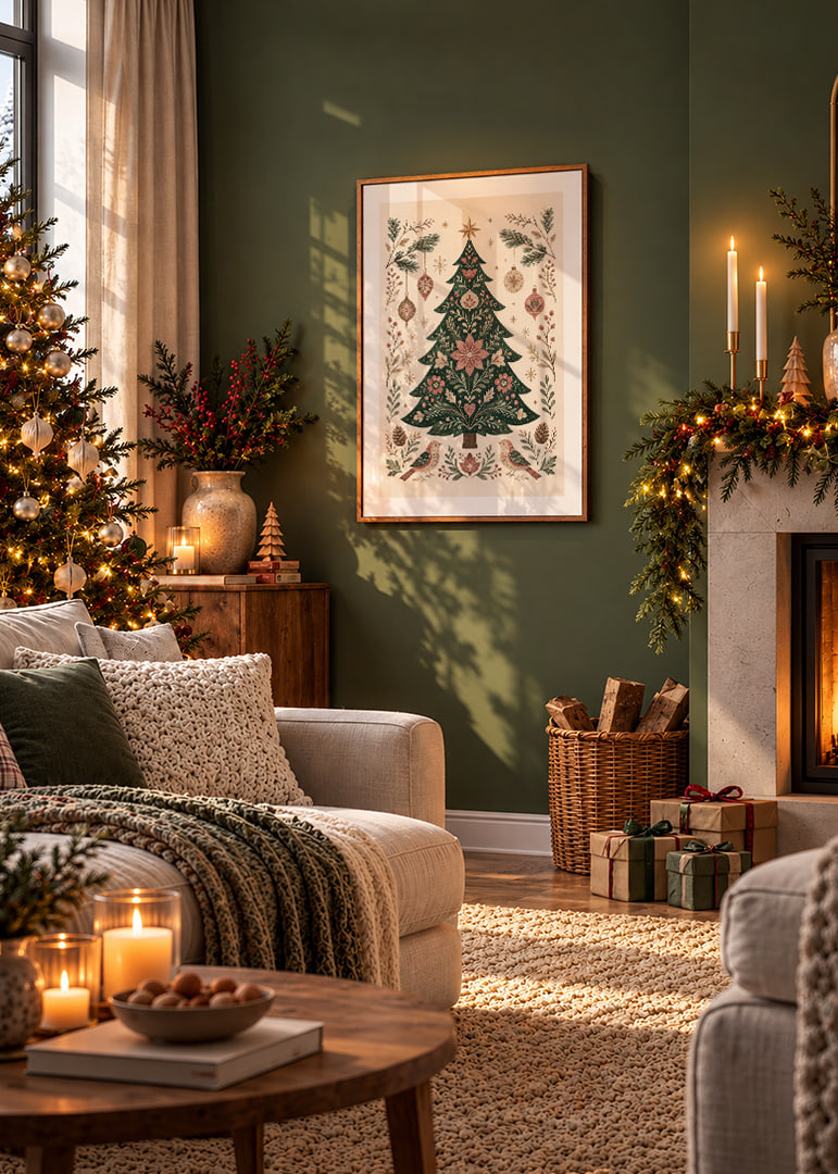 Un árbol de Navidad ornamentado con flores, pájaros y adornos en suaves tonos nórdicos.-12