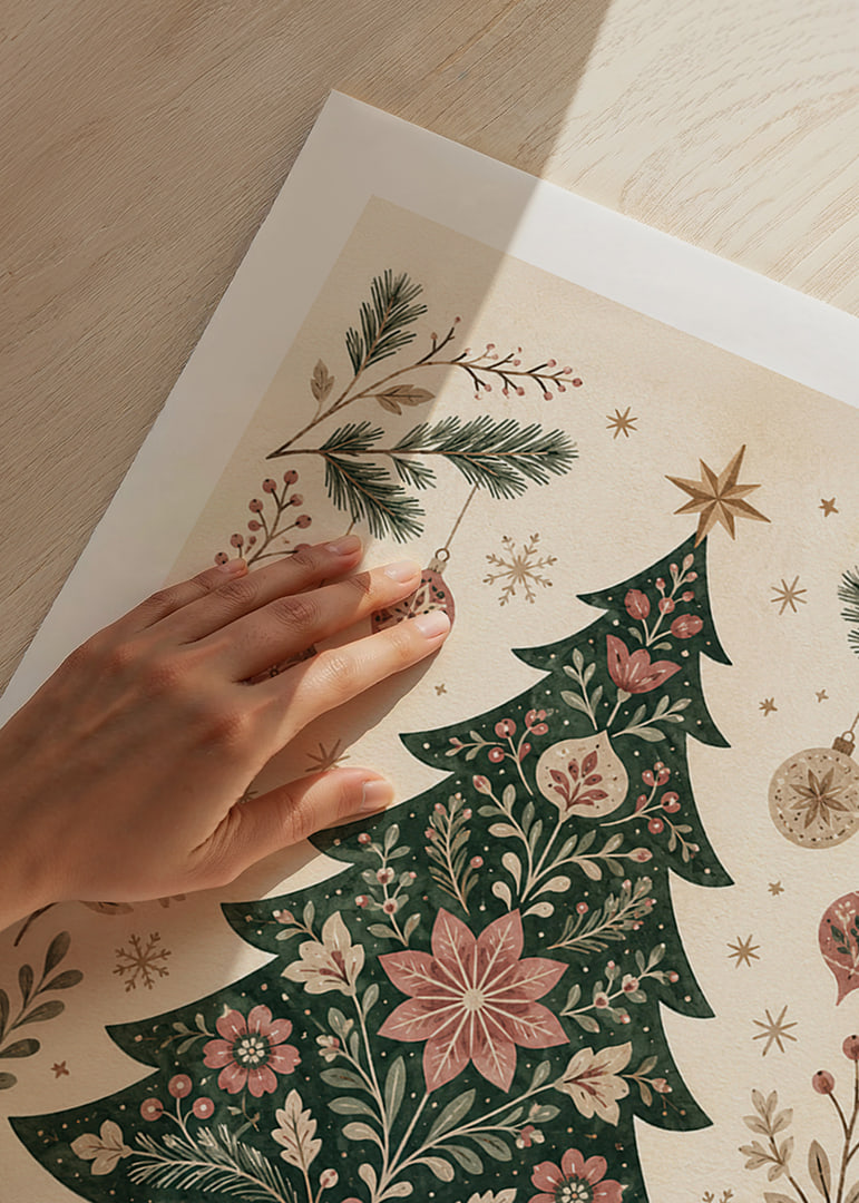 Un árbol de Navidad ornamentado con flores, pájaros y adornos en suaves tonos nórdicos.-12