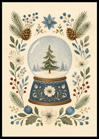 Una bola de nieve de cuento de hadas con abetos, flores de invierno y ramitas botánicas en tonos suaves.-6