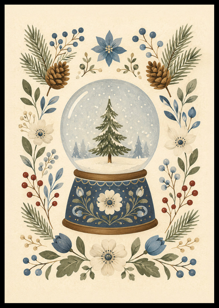 Una bola de nieve de cuento de hadas con abetos, flores de invierno y ramitas botánicas en tonos suaves.-12