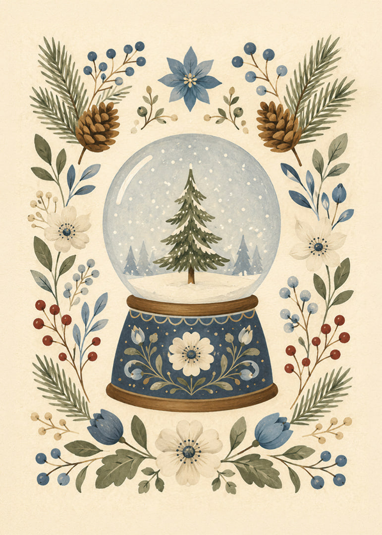Una bola de nieve de cuento de hadas con abetos, flores de invierno y ramitas botánicas en tonos suaves.-12