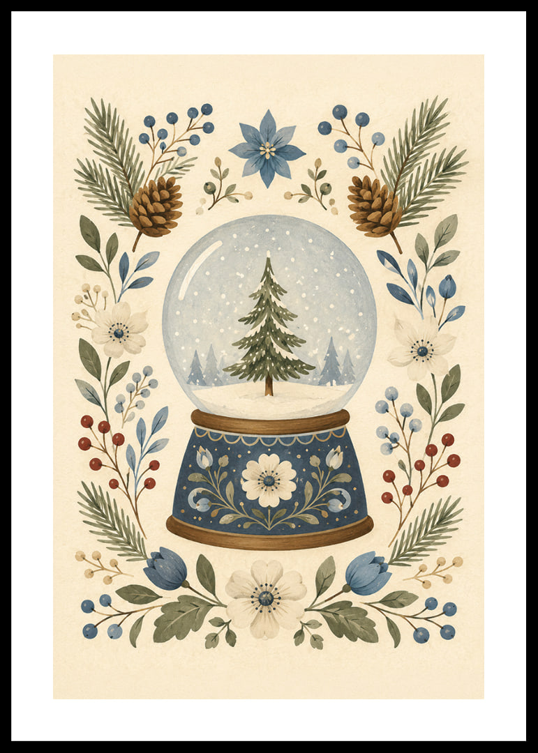 Una bola de nieve de cuento de hadas con abetos, flores de invierno y ramitas botánicas en tonos suaves.-12