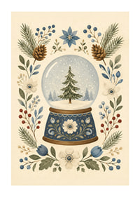 Una bola de nieve de cuento de hadas con abetos, flores de invierno y ramitas botánicas en tonos suaves.-1