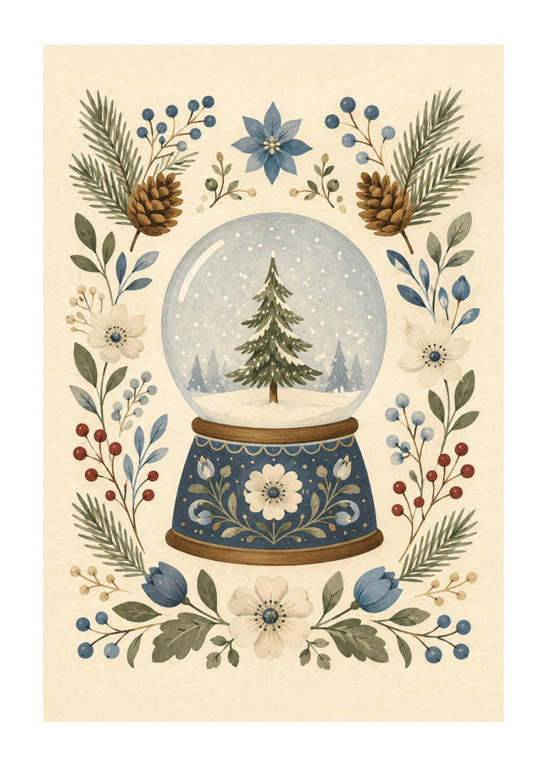 Una bola de nieve de cuento de hadas con abetos, flores de invierno y ramitas botánicas en tonos suaves.-12