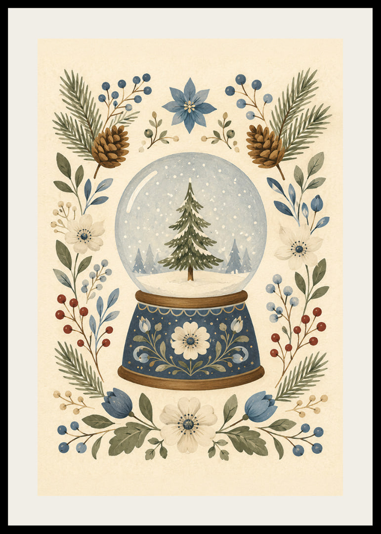 Una bola de nieve de cuento de hadas con abetos, flores de invierno y ramitas botánicas en tonos suaves.-12