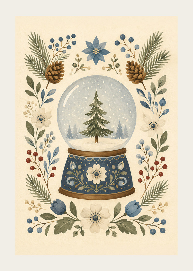 Una bola de nieve de cuento de hadas con abetos, flores de invierno y ramitas botánicas en tonos suaves.-12