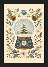 Una bola de nieve de cuento de hadas con abetos, flores de invierno y ramitas botánicas en tonos suaves.-5