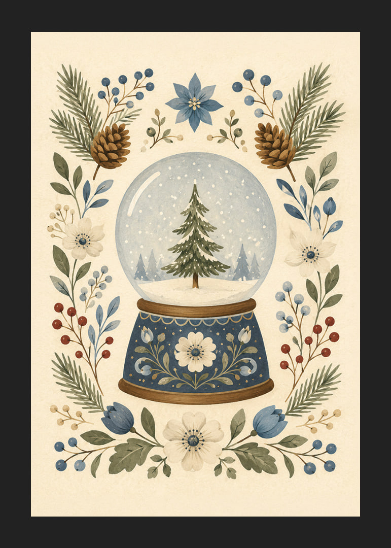 Una bola de nieve de cuento de hadas con abetos, flores de invierno y ramitas botánicas en tonos suaves.-12