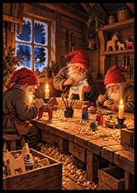 Tres Papás ​​Noel crean adornos navideños en un cálido taller de madera cubierto de nieve.-6