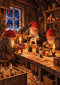 Tres Papás ​​Noel crean adornos navideños en un cálido taller de madera cubierto de nieve.-7
