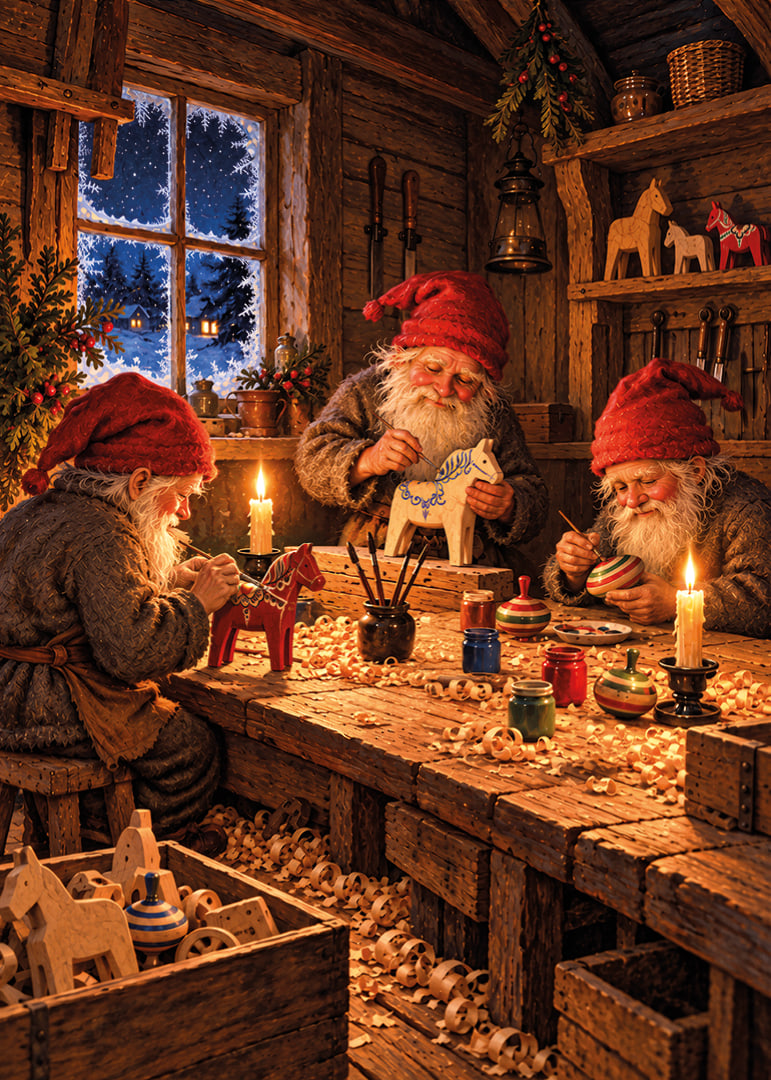 Tres Papás ​​Noel crean adornos navideños en un cálido taller de madera cubierto de nieve.-12