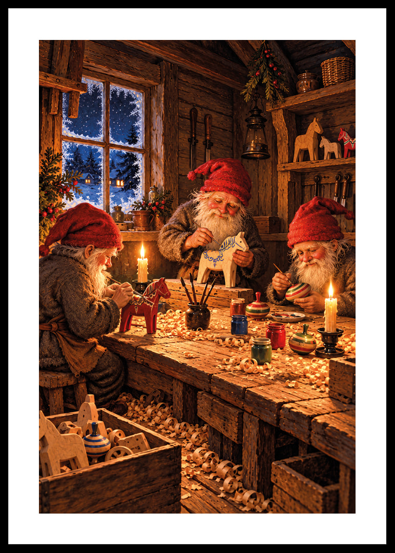 Tres Papás ​​Noel crean adornos navideños en un cálido taller de madera cubierto de nieve.-12