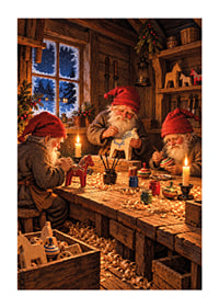 Tres Papás ​​Noel crean adornos navideños en un cálido taller de madera cubierto de nieve.-1