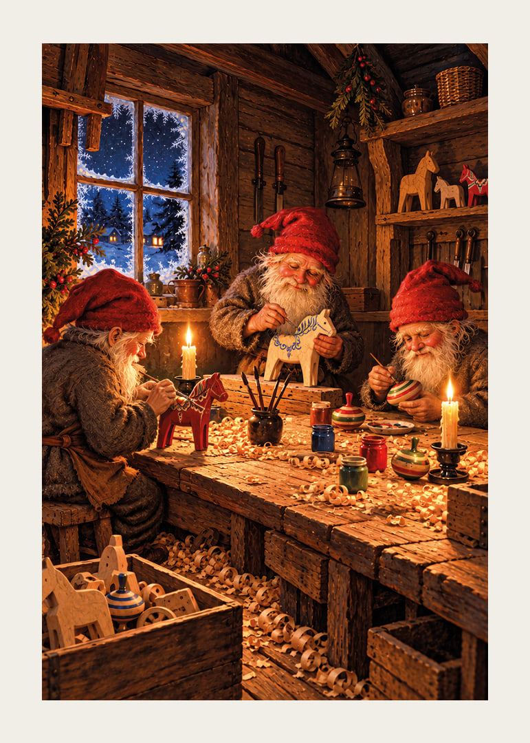 Tres Papás ​​Noel crean adornos navideños en un cálido taller de madera cubierto de nieve.-12