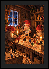 Tres Papás ​​Noel crean adornos navideños en un cálido taller de madera cubierto de nieve.-4