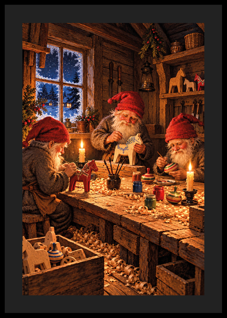 Tres Papás ​​Noel crean adornos navideños en un cálido taller de madera cubierto de nieve.-12