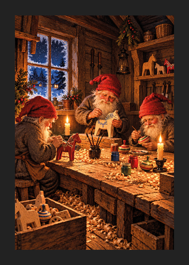 Tres Papás ​​Noel crean adornos navideños en un cálido taller de madera cubierto de nieve.-12