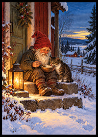 Una cálida ilustración invernal de Papá Noel alimentando a un gato en la nieve.-6