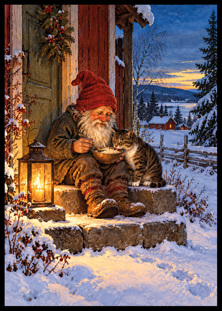 Una cálida ilustración invernal de Papá Noel alimentando a un gato en la nieve.-12