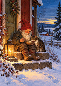 Una cálida ilustración invernal de Papá Noel alimentando a un gato en la nieve.-7