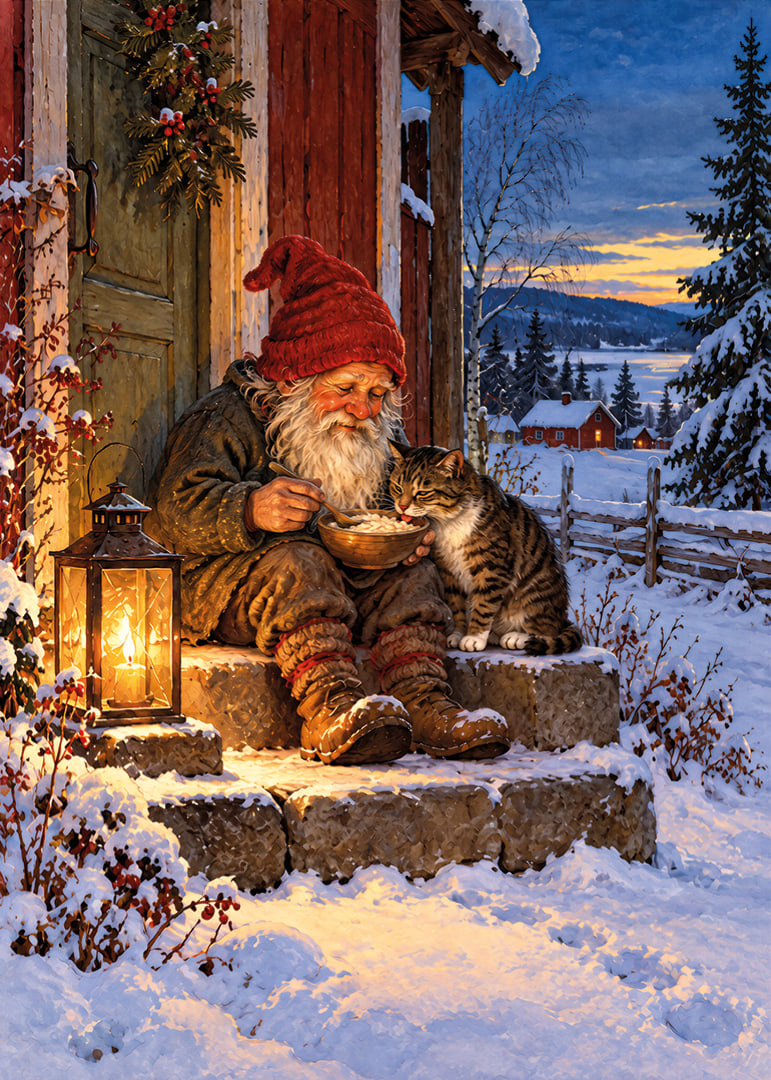 Una cálida ilustración invernal de Papá Noel alimentando a un gato en la nieve.-12