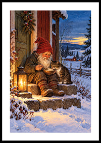Una cálida ilustración invernal de Papá Noel alimentando a un gato en la nieve.-0