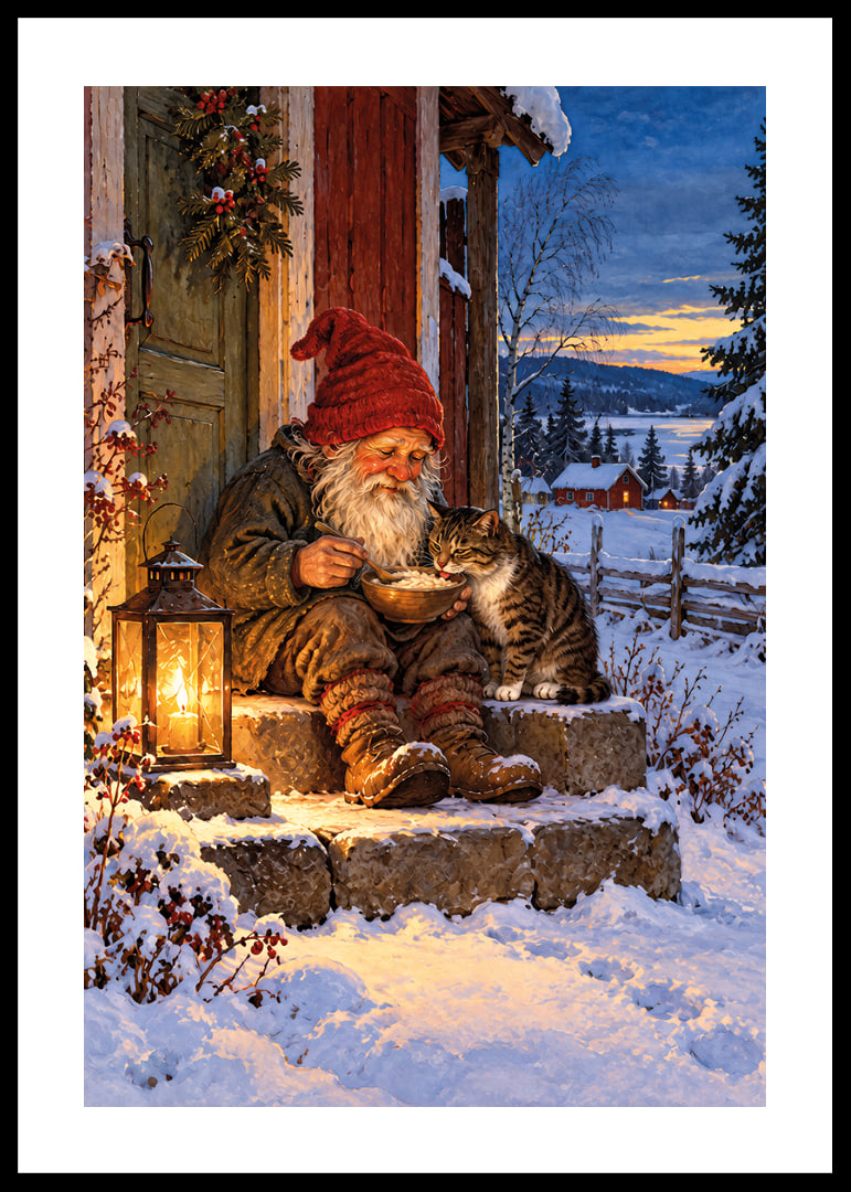Una cálida ilustración invernal de Papá Noel alimentando a un gato en la nieve.-12