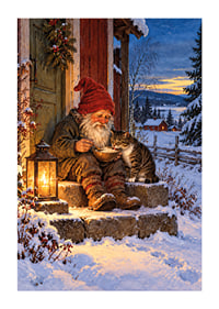 Una cálida ilustración invernal de Papá Noel alimentando a un gato en la nieve.-1