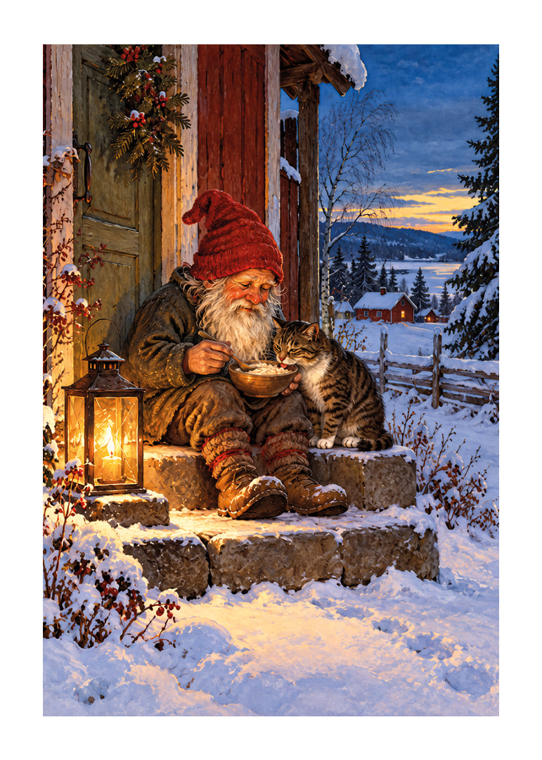 Una cálida ilustración invernal de Papá Noel alimentando a un gato en la nieve.-12