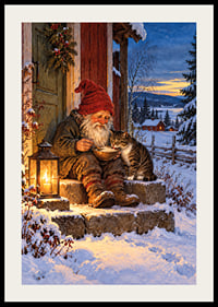 Una cálida ilustración invernal de Papá Noel alimentando a un gato en la nieve.-2