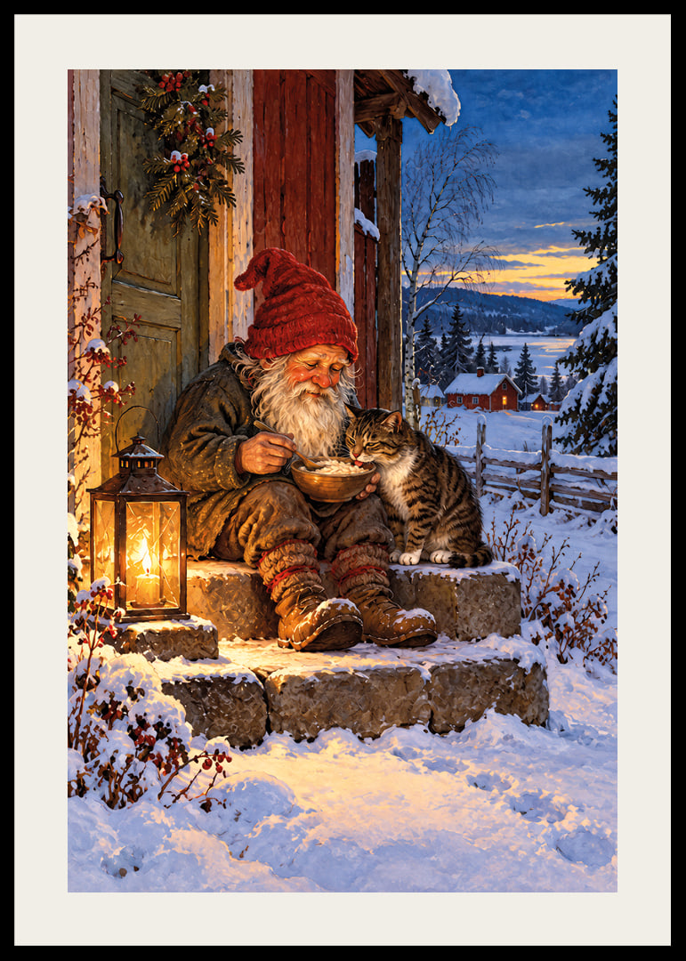 Una cálida ilustración invernal de Papá Noel alimentando a un gato en la nieve.-12