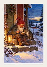 Una cálida ilustración invernal de Papá Noel alimentando a un gato en la nieve.-3