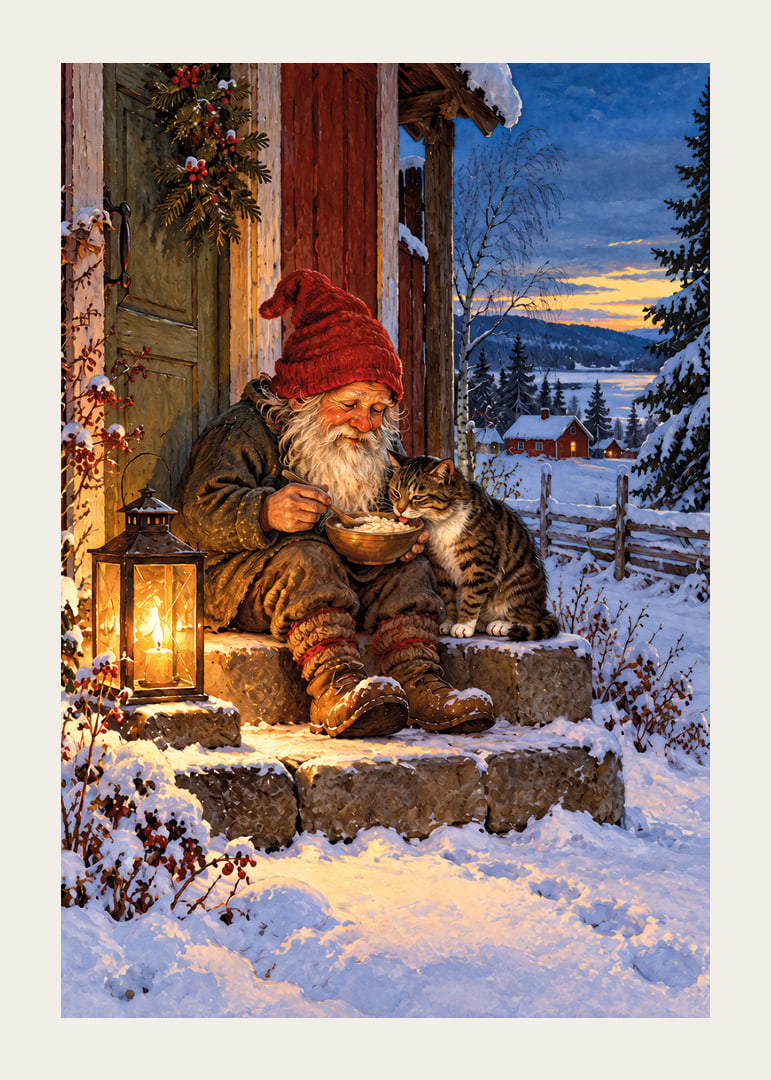 Una cálida ilustración invernal de Papá Noel alimentando a un gato en la nieve.-12