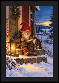 Una cálida ilustración invernal de Papá Noel alimentando a un gato en la nieve.-4