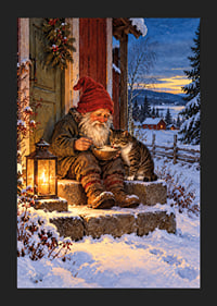 Una cálida ilustración invernal de Papá Noel alimentando a un gato en la nieve.-5
