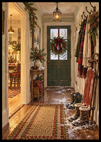 Un acogedor salón navideño con una corona, botas nevadas y un paisaje invernal fuera de la puerta.-6
