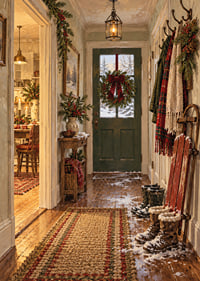 Un acogedor salón navideño con una corona, botas nevadas y un paisaje invernal fuera de la puerta.-7