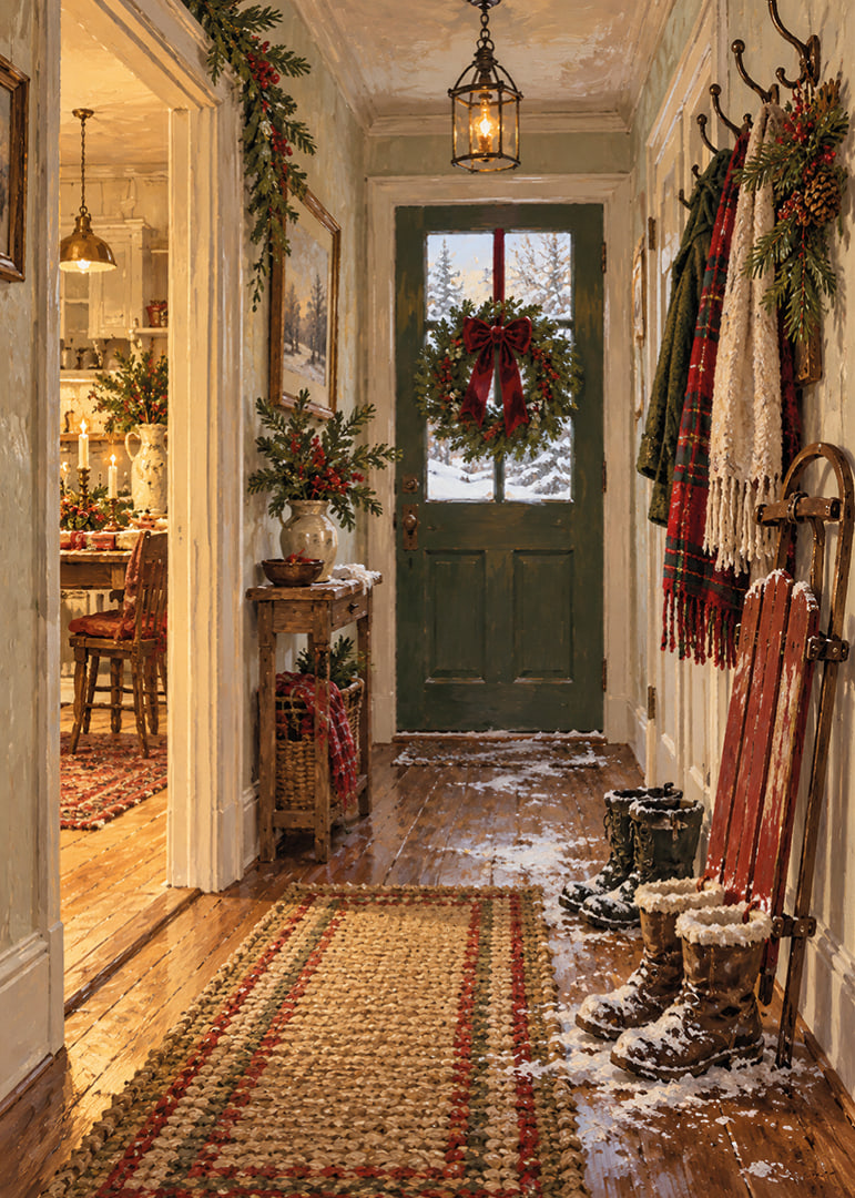 Un acogedor salón navideño con una corona, botas nevadas y un paisaje invernal fuera de la puerta.-12