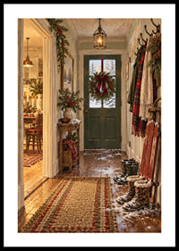 Un acogedor salón navideño con una corona, botas nevadas y un paisaje invernal fuera de la puerta.-0