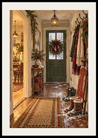 Un acogedor salón navideño con una corona, botas nevadas y un paisaje invernal fuera de la puerta.-2